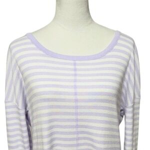 T by Talbots Top Womens Large Purple White Striped Long Sleeve Keyhole Beachy